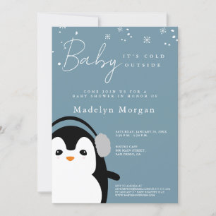 Baby It's Cold Outside Winter Blue Cute Penguin Invitation