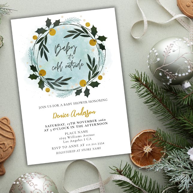 Baby Its Cold Outside Winter Blue Gold Baby Shower Invitation (Creator Uploaded)