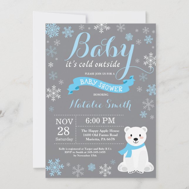 Baby Its Cold Outside Winter Boy Baby Shower Blue Invitation (Front)