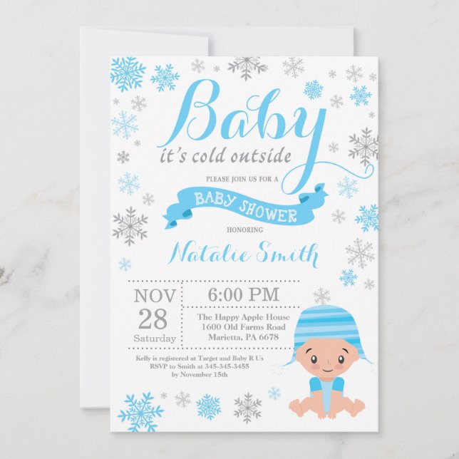 Baby Its Cold Outside Winter Boy Baby Shower Blue Invitation (Front)