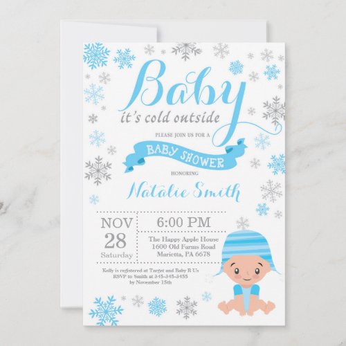Baby Its Cold Outside Winter Boy Baby Shower Blue Invitation