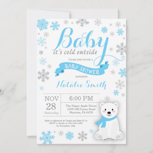 Baby Its Cold Outside Winter Boy Baby Shower Blue Invitation