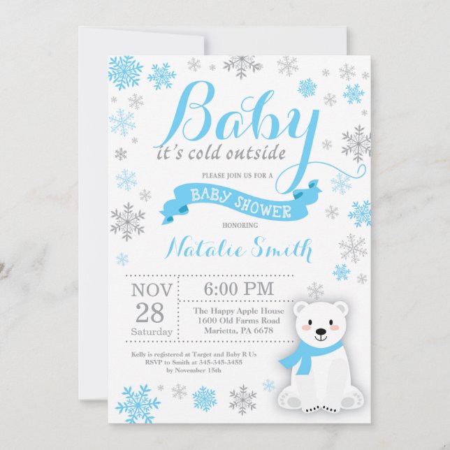 Baby Its Cold Outside Winter Boy Baby Shower Blue Invitation (Front)