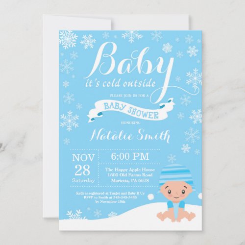 Baby Its Cold Outside Winter Boy Baby Shower Blue Invitation