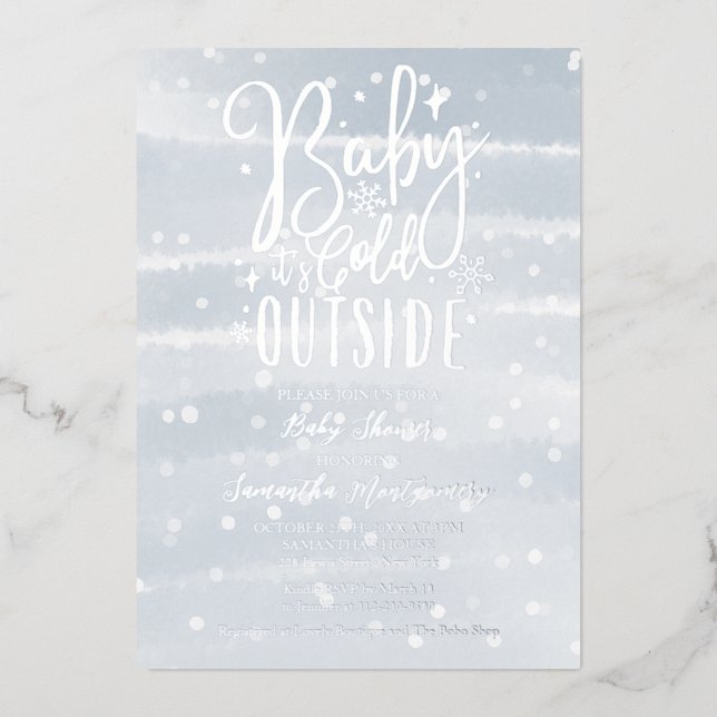 Baby It's Cold Outside Winter Boy Baby Shower Foil Invitation (Front)
