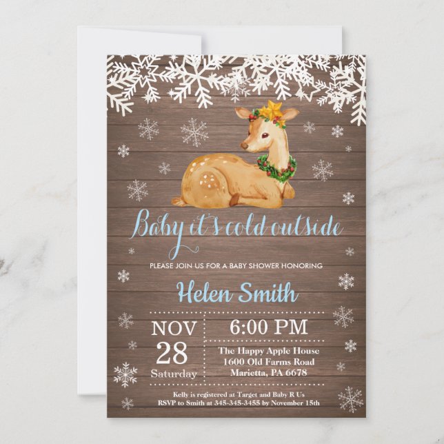 Baby its Cold Outside Winter Deer Boy Baby Shower Invitation (Front)