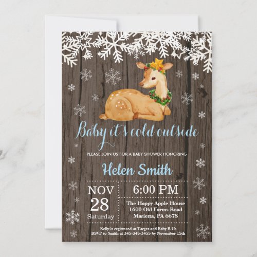 Baby its Cold Outside Winter Deer Boy Baby Shower Invitation