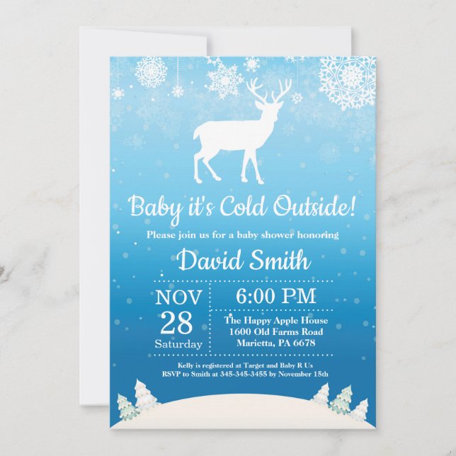 Baby its Cold Outside Winter Deer Boy Baby Shower Invitation (Front)