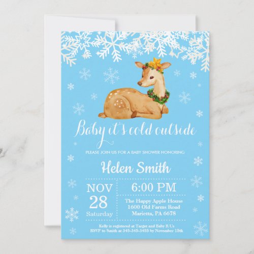 Baby its Cold Outside Winter Deer Boy Baby Shower Invitation