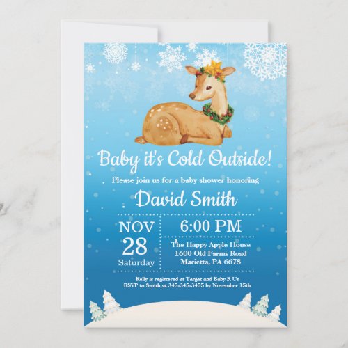 Baby its Cold Outside Winter Deer Boy Baby Shower Invitation