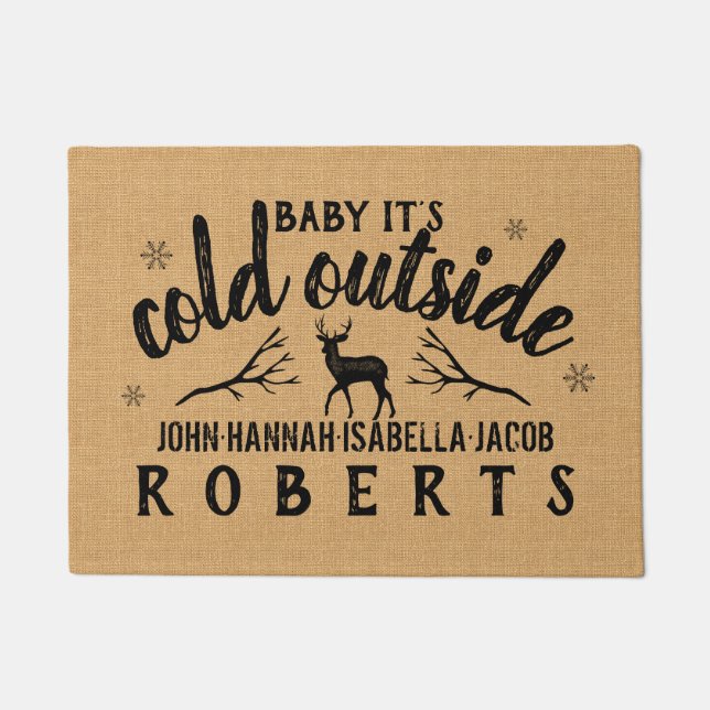 Baby Its Cold Outside Winter Deer Burlap Custom Doormat (Front)