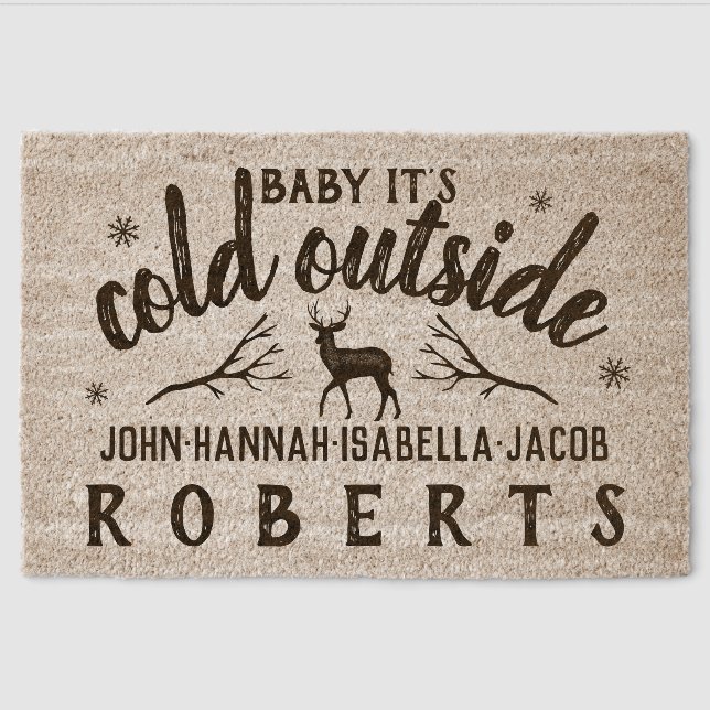 Baby Its Cold Outside Winter Deer Custom Name Fiber Doormat (Front)
