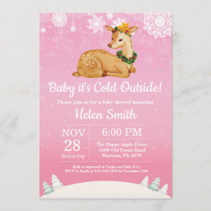 Baby its Cold Outside Winter Deer Girl Baby Shower Invitation