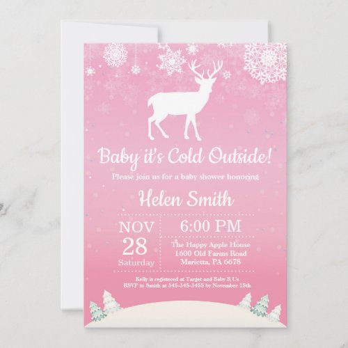 Baby its Cold Outside Winter Deer Girl Baby Shower Invitation