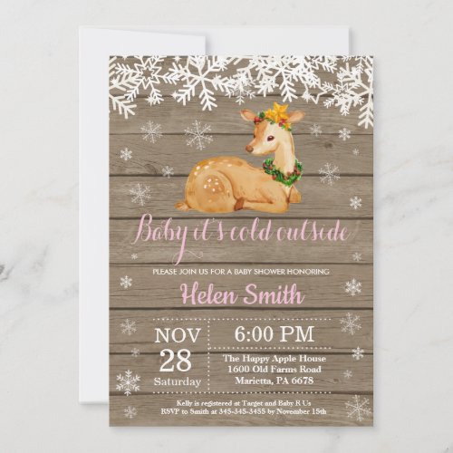 Baby its Cold Outside Winter Deer Girl Baby Shower Invitation