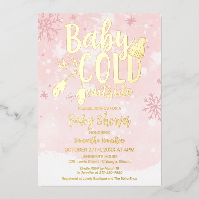 Baby It's Cold Outside Winter Girl Baby Shower Foil Invitation (Front)