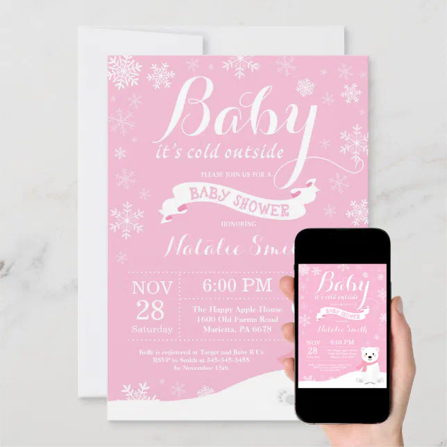 Baby Its Cold Outside Winter Girl Baby Shower Pink Invitation | Zazzle