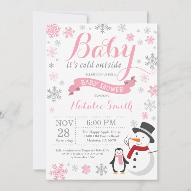 Baby Its Cold Outside Winter Girl Baby Shower Pink Invitation (Front)