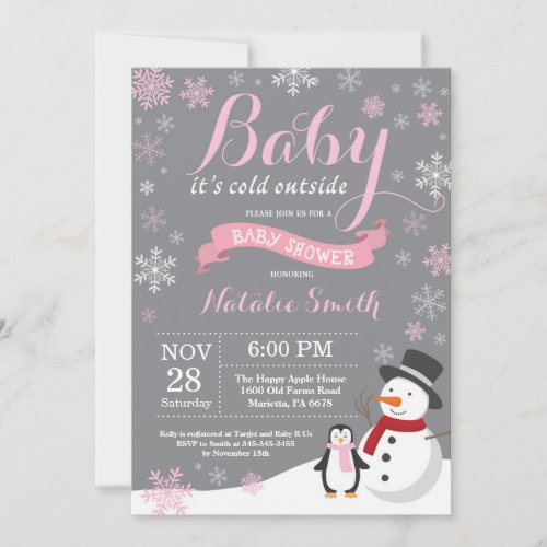 Baby Its Cold Outside Winter Girl Baby Shower Pink Invitation