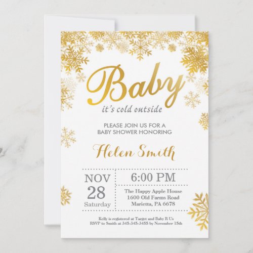 Baby its Cold Outside Winter Gold Baby Shower Invitation