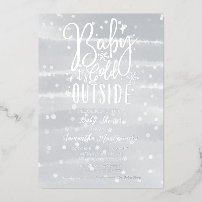 Baby It's Cold Outside Winter Gray Baby Shower Foil Invitation (Front)