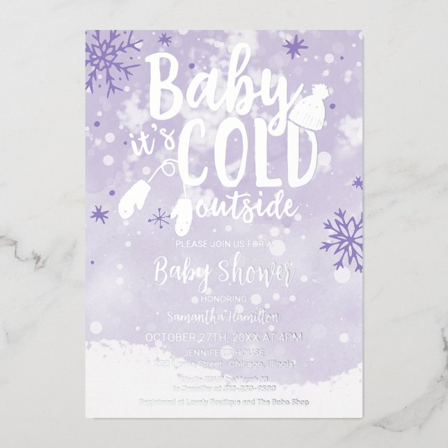 Baby It's Cold Outside Winter Lavender Baby Shower Foil Invitation (Front)
