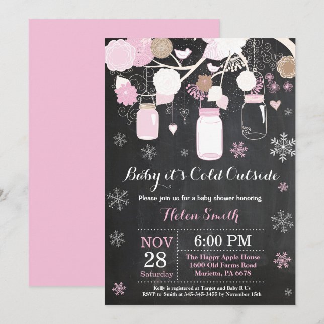 Baby its Cold Outside Winter Mason Jar Baby Shower Invitation (Front/Back)
