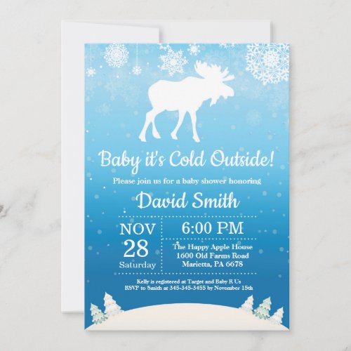 Baby its Cold Outside Winter Moose Boy Baby Shower Invitation