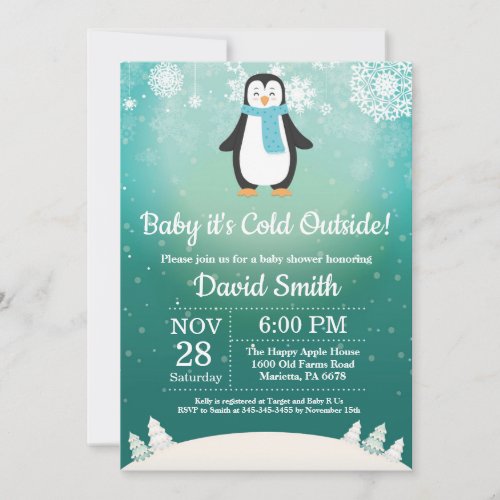 Baby its Cold Outside Winter Penguin Baby Shower Invitation