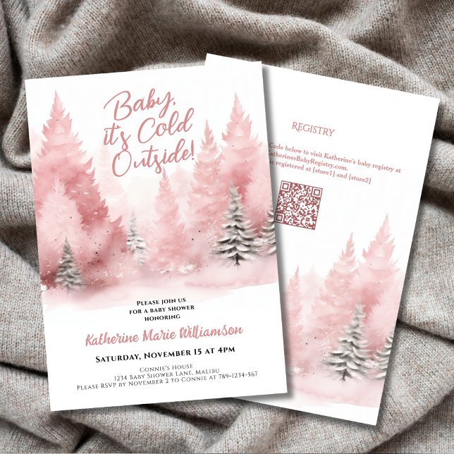 Baby Its Cold Outside Winter Pink Baby Shower Invitation (Baby Its Cold Outside Pink Winter Forest Baby Shower Invitation with QR Code.)