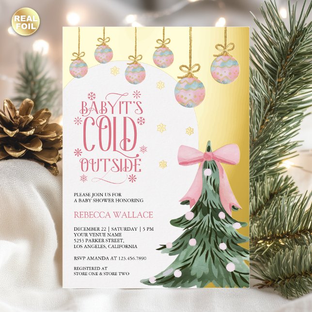 Baby It's Cold Outside Winter Pink Bow Baby Shower Foil Invitation (Creator Uploaded)