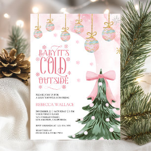 Baby It's Cold Outside Winter Pink Bow Baby Shower Invitation
