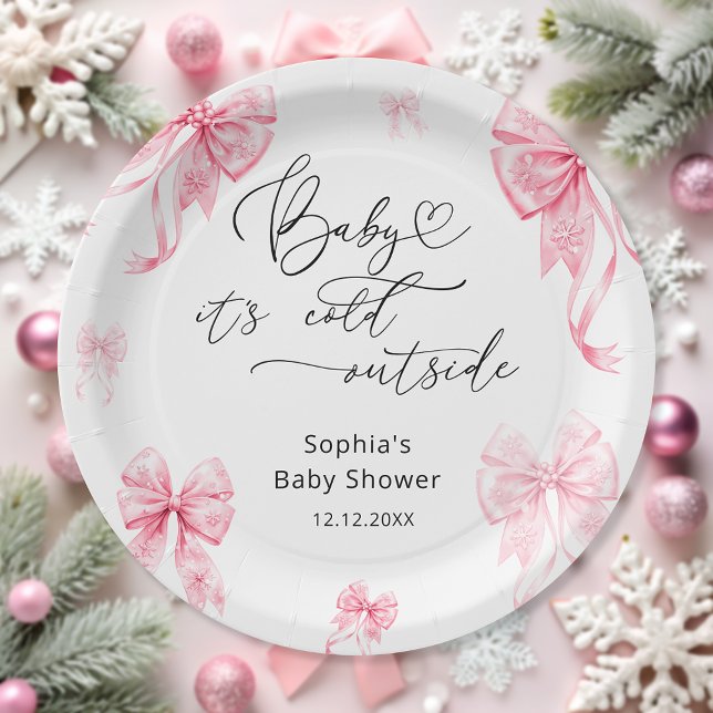Baby Its Cold Outside Winter Pink Bow Baby Shower  Paper Plates (Creator Uploaded)