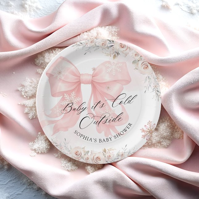 Baby Its Cold Outside Winter Pink Bow Baby Shower  Paper Plates (Creator Uploaded)