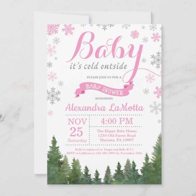 Baby its Cold Outside Winter Pink Girl Baby Shower Invitation (Front)