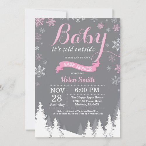 Baby its Cold Outside Winter Pink Girl Baby Shower Invitation