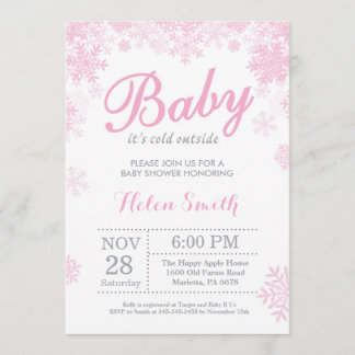 Baby its Cold Outside Winter Pink Girl Baby Shower Invitation