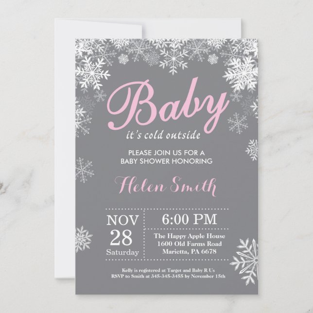 Baby its Cold Outside Winter Pink Girl Baby Shower Invitation (Front)