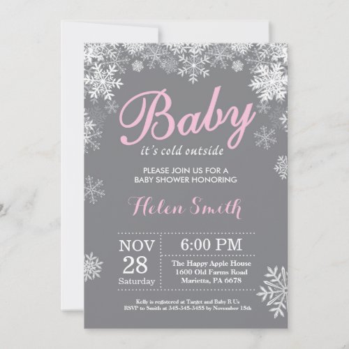 Baby its Cold Outside Winter Pink Girl Baby Shower Invitation