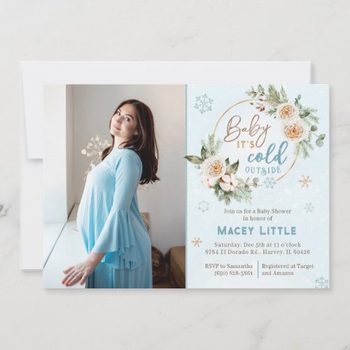 Baby Its Cold Outside Winter Pregnant Mommy Photo Invitation