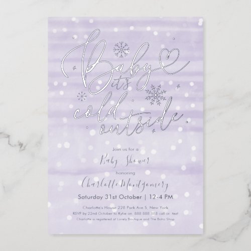 Baby Its Cold Outside Winter Purple Baby Shower Foil Invitation