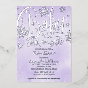 Baby It's Cold Outside Winter Purple Baby Shower Foil Invitation