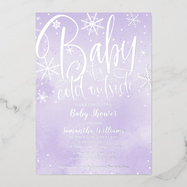 Baby It's Cold Outside Winter Purple Baby Shower   Foil Invitation (Front)