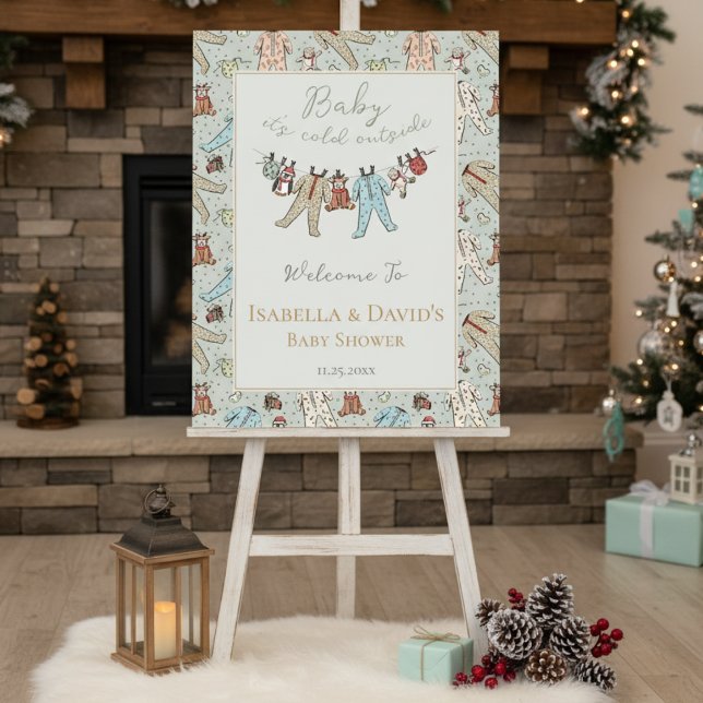 Baby Its Cold Outside Winter Shower Welcome Sign (Baby It's Cold Outside Christmas Baby Shower Welcome Sign. Cute Xmas Baby Pajamas Pattern in Blue)