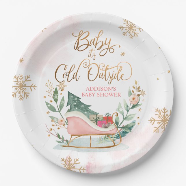 Baby It's Cold Outside Winter Sleigh Baby Shower Paper Plates (Front)