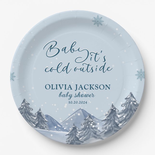 Baby its cold outside winter snowflake baby shower paper plates (Front)