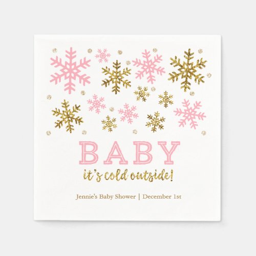Baby Its Cold Outside Winter Snowflake Pink_Gold Napkins
