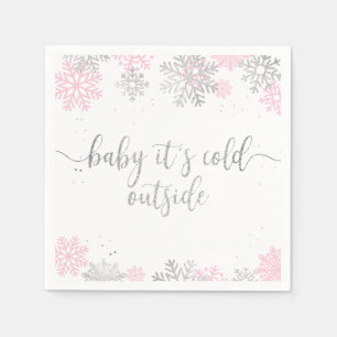 Baby Its Cold Outside Winter Snowflake Pink Silver Napkins