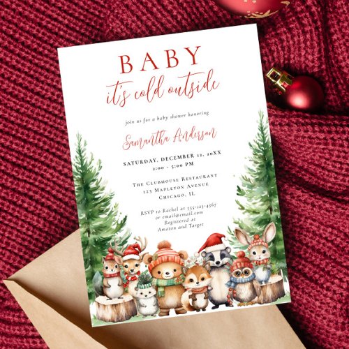 Baby its cold outside winter woodland baby shower invitation