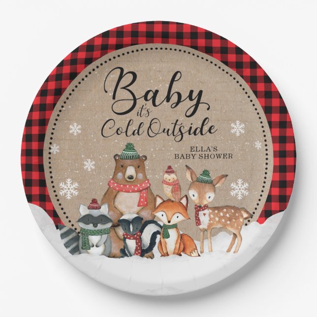 Baby It's Cold Outside Winter Woodland Baby Shower Paper Plates (Front)